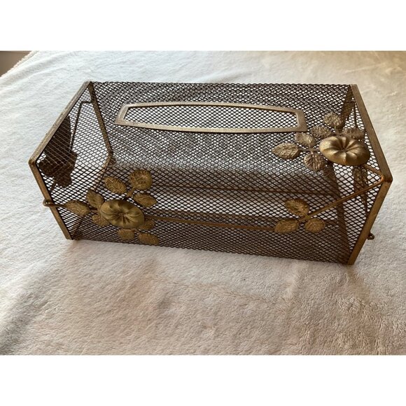 VTG MCM Tissue Box Cover Gold Tone Wire Mesh Hollywood Regency Leaves and Flower - Picture 6 of 12